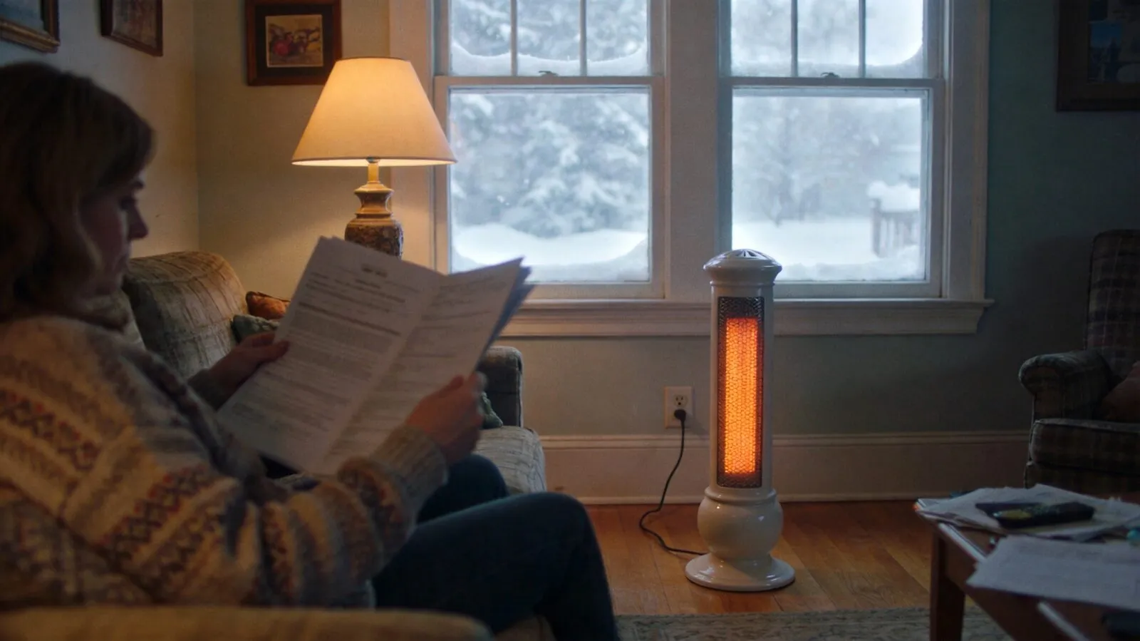 A woman reviews her household electricity bill on the couch while a 1500-watt tower space heater runs plugged into the wall outlet nearby
