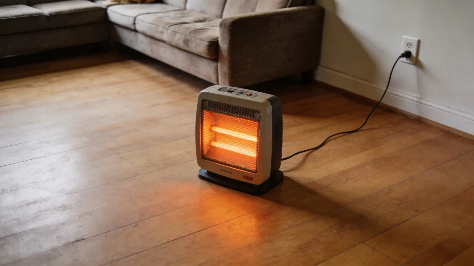 A quartz space heater placed on a bare wood floor with clear space around it and plugged directly into a wall outlet, away from the sofa